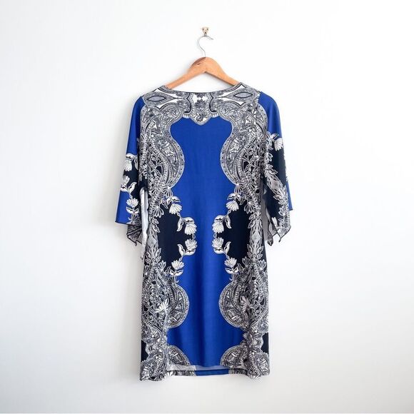 Saint Tropez West Dress Blue Black White Floral Sleeve Detail Women's 8 Stretch - Picture 2 of 8